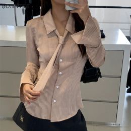 T-shirts Shirts Women Fashion Autumn Striped Laceup Sexy Hot Girls Long Sleeve Tops Simple Turndown Collar Allmatch Buttonup Soft