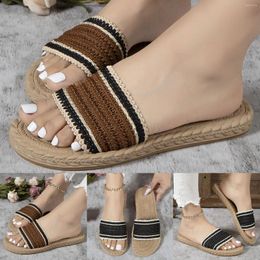 Slippers Ladies Fashion Summer Colour Matching Cloth Open Toe Woven Bottom Flat Womens Plaid Slipper Flip Flops Women