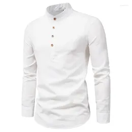 Men's Casual Shirts Spring And Summer Cotton Linen Long Sleeved Shirt Solid Colour Standing Collar White Base