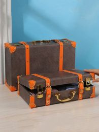 Suitcases Creative Clothing Storage Boxes,Portable Suitcases Photography Props Box, Retro Leather Wooden Organizer Luggage Case