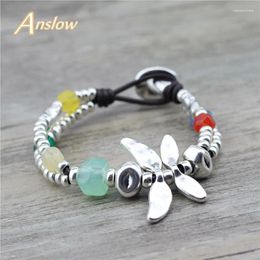 Charm Bracelets Anslow Fashion Jewelry Summer Spring Wristband Dragonfly Resin Handmade Beads Leather Bracelet For Women Gift LOW0795LB