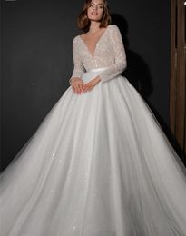 Elegant Sequined Wedding Dress 2024 Deep V-neck Long Sleeves Illusion Back A-line Bridal Gowns Vestidos De Novias