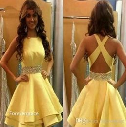 2019 New Arrival Yellow Cheap Homecoming Dress Vintage A Line Beaded Juniors Sweet 15 Graduation Cocktail Party Dress Plus Size Cu1419934