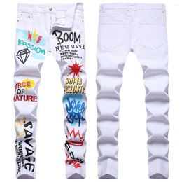 Men's Jeans Stretch Print White Slim Floral Pants European Station Fashion