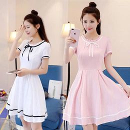 Party Dresses Summer Dress Round Neck Bow Lace Up Folds Short Sleeve Female Casual Solid Color Clothes Fashion Korean Style V42