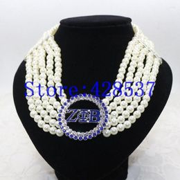 Choker Greece Greek Sorority Zeta Phi Beta Symbol Royal Blue White Crystal Pearl Jewelry Multilayered Necklaces258n