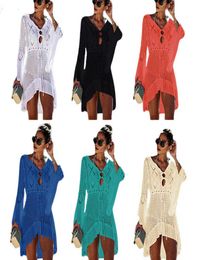 Women Bikini Cover Ups Fashion Solid Knitting Hollow Out Pareo Ladies V Collar Beach Dress Summer Sunsn Swimwear Scarf Shawl 053415420