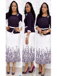 HGTE African mother dress Navy blue twopiece printed midi dress Business party african clothing office L4XL6380307