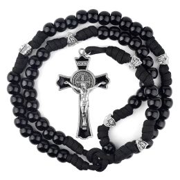 Necklaces Black Paracord Men Rosaries 12mm Acrylic Beads Cross Necklace for Soldier Catholic Rugged Rosary
