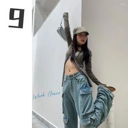 Women's Jeans American Retro Wide-leg Straight Loose Pants Street Trendy Fashion Stitching Multi-pocket Overalls