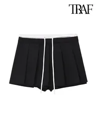 Women's Shorts -Women's Patchwork Pleated Skirts Mid Waist With Drawstrings Side Zipper Female Skort Fashion