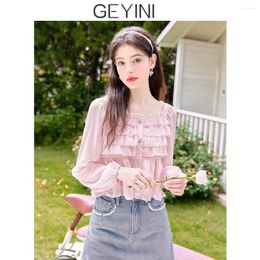 Women's Blouses Spring Pink Thin Chiffon Shirt Loose Square Collar Long Sleeve Short Sweet Style Top For Women