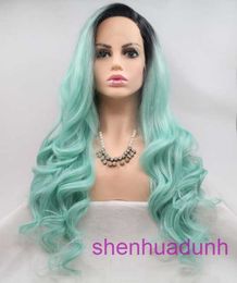 High quality fashion wig hairs online store temperature silk semi hand woven headband fashionable style green wave long curly hair front lace LW0280