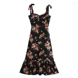 Casual Dresses Vintage French Black Floral Print Bandage Spaghetti Strap Ruffles Hem Midi Dress Sexy Women Tie Bow Sling Slit Summer Vestido