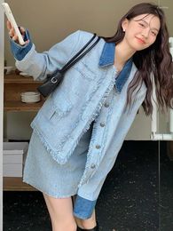 Work Dresses 2-Piece Set For Women Half Skirts Sets Turn Down Collar Patchwork Coat Mini Skirt Fashion Female Denim Suit Autumn Winter