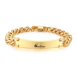 Strands Personalised GOLD MENS BRACELET STAINLESS STEEL ID TAG FREE ENGRAVING CHAINS LINK BRAZELET