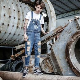 S-6xl Summer Denim Overalls Mens Hole Sling Jeans Feet Nine Pants Korean Version Of The Plus Size Bib Pants 240409