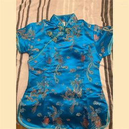 Ethnic Clothing Lake Blue Tang Clothes Lady Slim Qipao Tops Vintage Mandarin Collar Shirt Chinese Style Costume Oversize Blouse Satin