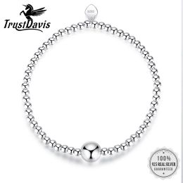 Strands Trustdavis Fashion Genuine 925 Sterling Silver Minimalist 3mm Width Beads elastic Bracelet For Women Wedding Jewellery Gift DS2277