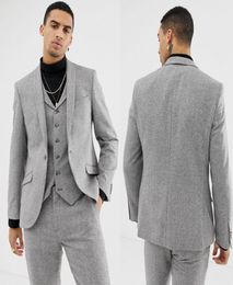 Men039s Light Grey Wedding Tuxedos Herringbone 3 Piece Suits Wool Vintage Formal Tailored Fit Boys Suit Jacket Vest Pants7624054