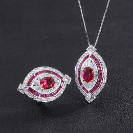 Necklaces Red Steel Jade 925 Sterling Silver Main Stone 8*10mm Pendant Ring Angel Eyes Necklace Set Women Fairycore Wedding Birthday Gift