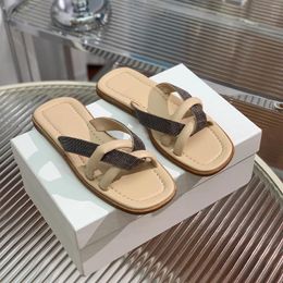 Slippers Women Summer Genuine Leather String Bead Slides Leisure Flats Shoes Runway Outfit Retro Gladaitor Sandals 2024