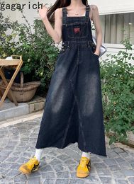 Casual Dresses Gagarich 2024 American Retro College Style Ruffled Fringe Denim Camisole Dress Loose Slim Mid Length Vestidos Women Trend