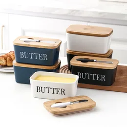 Storage Bottles Rectangular Ceramic Butter Box Sealed Can With Knife Western Style Household Cheese