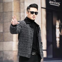 Men's Jackets Men 2024 Autumn Winter Fashion Genuine Lamb Fur Coats Short Lapel Real Male Casual Plaid Overcoats N25