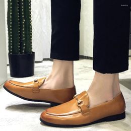 Casual Shoes 2024 High Quality For Men Slip On Leather Autumn Pointed Toe Solid Metal Decoration Chunky Heels Work