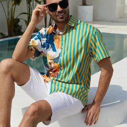 Men's Casual Shirts Polo Collar Shirt For Men Loose Beach Coconut Tree Patchwork Striped Printed Contrasting Short Sleeved Mens