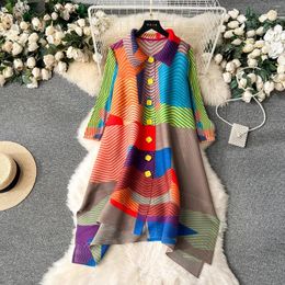 Casual Dresses 2024 Luxury Women Midi Pleated Dress Hit Colour Stripe Print Lapel Collar Full Sleeve Loose Elastic Style Summer Robe