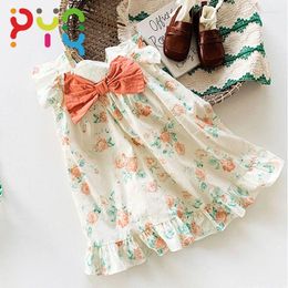 Girl Dresses PYQ For Girls French Flower Printing Dress 2024 Summer Sweet Bow Children's Clothing Square Neck Kids Casual