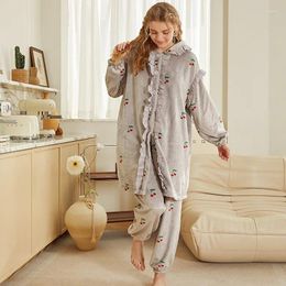 Women's Sleepwear Autumn Winter Floral Flannel V Neck Ruffles Tops Pants Two Piece Sets Fairy Sweet Loungewear Princess Women Pajamas