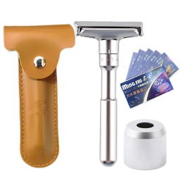 Shavers Adjustable Men Razor with Base and Leather Bag Double Edge Classic Mens Shaving Mild to Aggressive 16 File Hair Removal Shaver