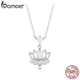 Necklaces Bamoer 925 Sterling Silver Lotus Pendant Necklace Pink Opal Flower Neck Chain for Women Engagement Birthday Fine Jewelry Gift