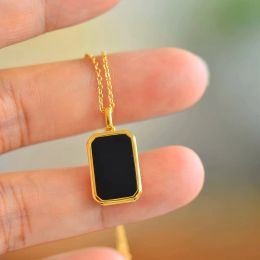 Necklaces Szjinao 100% Real 18K Gold Necklace For Women Rectangle Natural Black Agate Stone Pendant With Chain Hip Hop Jewellery Trendy Gift