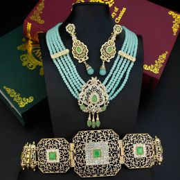 Necklaces Sunspicems Arab Caftan Jewellery Set for Woman Gold Colour Morocco Wedding Dress Belt Necklace Earrings Set Bride Crystal Jewellery