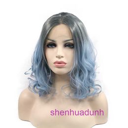 HD Body Wave Highlight Lace Front Human Hair Wigs For Women Half hand woven black gradient medium length curly hair high-temperature silk synthetic Fibre wig