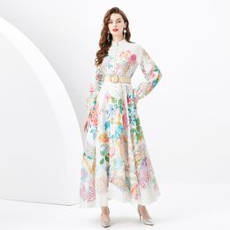 2025 Vintage Floral Print Womens Maxi Dresses Stand V Neck Belt Button Front Long Sleeve Ladies A-Line Holiday Vacation Wholesale Spring Summer Fall Dropshipping