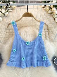 SINGREINY Y2K Sweet Knitted Crop Tops 3D Flowers Sleeveless Backless Women Fashion Summer Korean Style Chic Blue Beachwear Tank 240421
