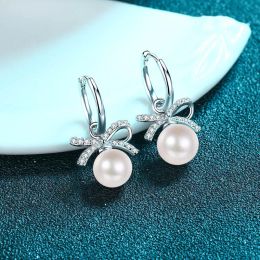 Earrings Real 14K White Gold Plate Excellent Cut Diamond Test Past Natural D Color Moissanite Pearl Bowknot Stud Earrings Female Gift