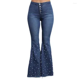 Women's Jeans Female Y2K Beads Flare High Waist Skinny Loose Streetwear Casual Denim Trousers Gray Blue Boot Cut Pants