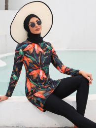 Clothing 2022 Modest Muslim Maple Leaf Print Long Sleeve Swimwear 3pcs Islamic Burkinis Bathing Suit