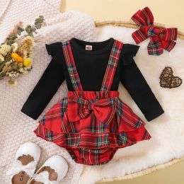 T-shirts FOCUSNORM Christams Baby Girl 3Pcs Clothes Sets Long Sleeve Ribbed T Shirts + Plaid Print Ruffles Suspender Short Hairband 024M