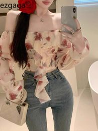 Women's Blouses Ezgaga Blouse Women Sexy Sweet Floral Printed Ruffles Patchwork Slash Neck Off Shoulder Crop Tops Slim Backless Fashion