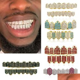 Grillz Dental Grills 18K Real Gold Vampire Tooth Punk Hip Hop Bling Rhinestone Iced Out Diamond Braces Mouth Cap Halloween Cosplay Rap Dhxtp