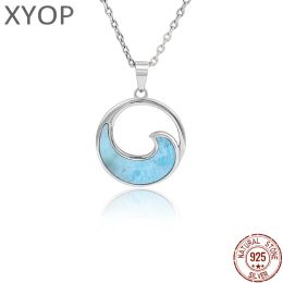 Necklaces Sea Wave 925 Sterling Silver Jewellery Gift Classic Pendant Necklace Natural Precious Larimar Retro Woman Contracted Style