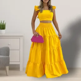 Work Dresses 2 Pcs/Set Women Top Skirt Suit Soft Backless Solid Colour Big Hem Square Neck Ruffle A-line Waist-exposed Lady Crop