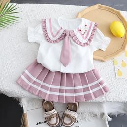 Clothing Sets Girls' Summer Short Sleeve Set 2024 Baby Children's Japenese College Style Cartoon Cute Pleated Skirt Two Piece 1-6 Yrs